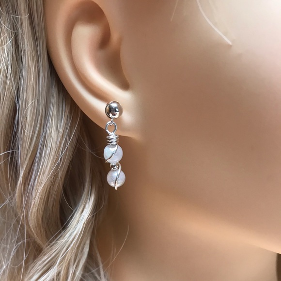 Moonstone Sterling Silver Earrings- Moonstone Sterling Dangle Stud Earrings - Picture 2 of 4